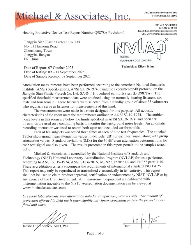 ANSI S3.19 certificate scan — Jiangyin Sian Plastic Protection Technology Co., Ltd.